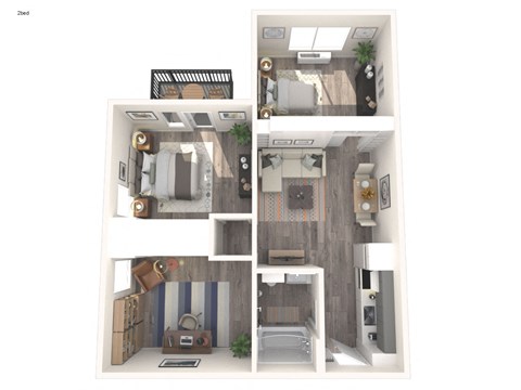 A 3D floor plan of a small apartment with a kitchen, living room, and bathroom.